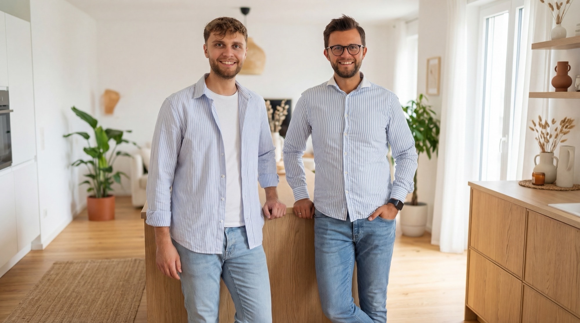 Flo und Simon, die Gründer von heimkraft, in einem hellen Wohnraum