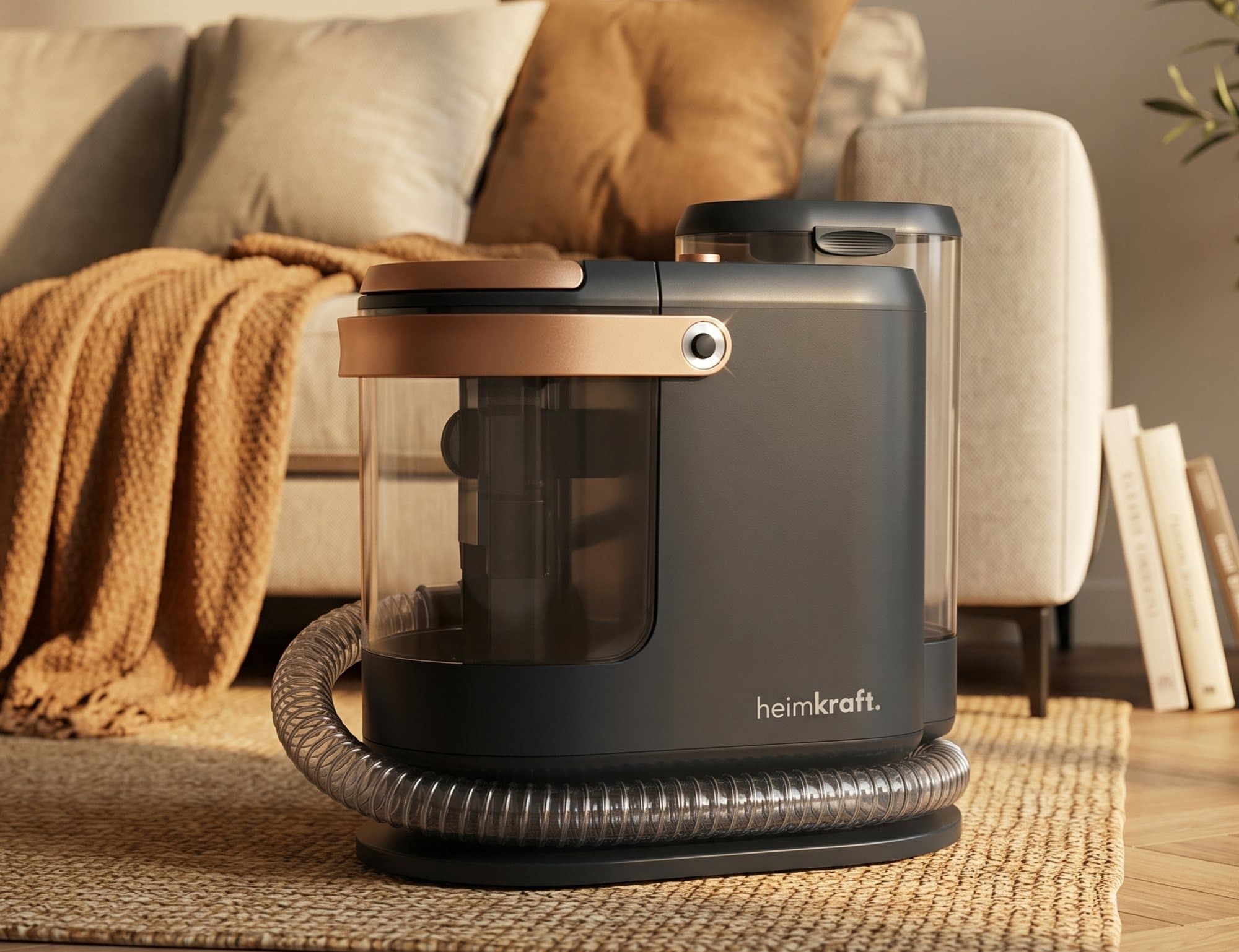 heimkraft DeepClean S15 auf einem Juteteppich vor einem warmen Wohnzimmer-Sofa