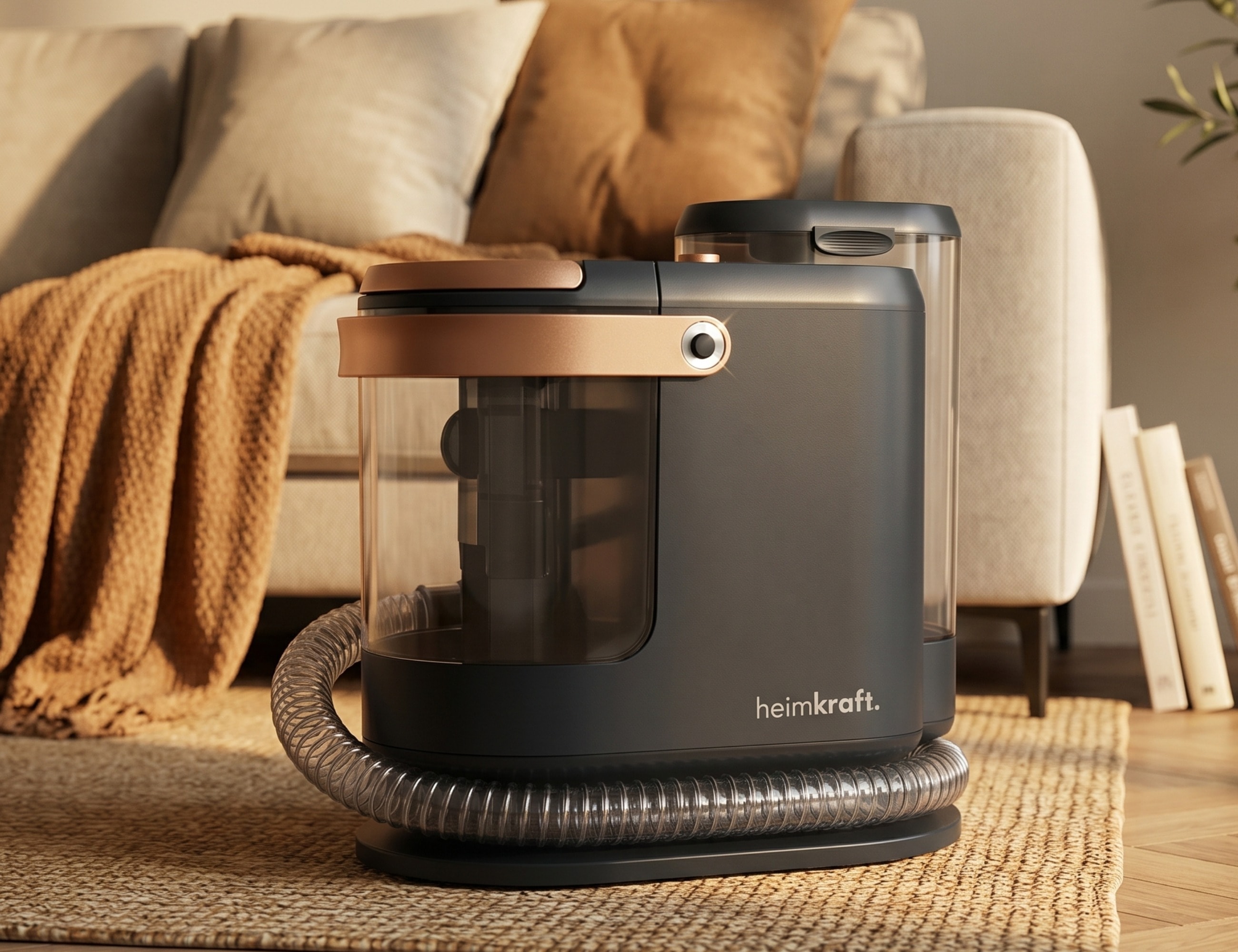 heimkraft DeepClean S15 auf einem Juteteppich vor einem warmen Wohnzimmer-Sofa