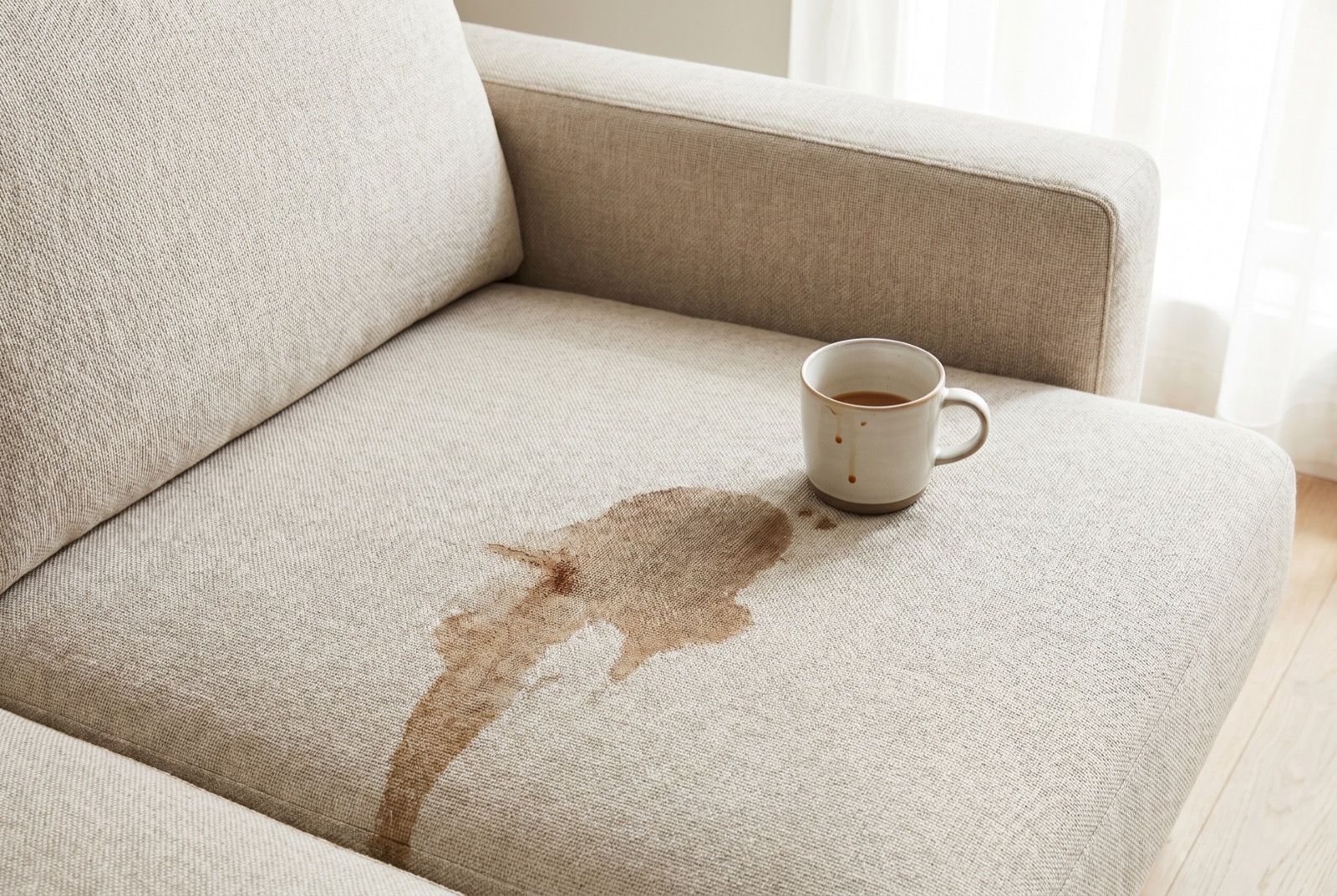 Frischer Kaffeefleck auf einem hellen Stoffsofa – ein Fall für die Tiefenreinigung